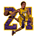 Ilustração de um jogador de basquete com a camisa amarela do Los Angeles Lakers, driblando e realizando um arremesso, com o número 24 em destaque ao fundo.