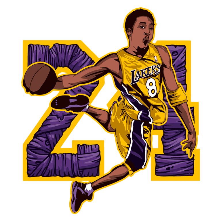 Ilustração de um jogador de basquete com a camisa amarela do Los Angeles Lakers, driblando e realizando um arremesso, com o número 24 em destaque ao fundo.
