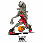Ilustração estilizada de jogador de basquete inspirado em um famoso atleta, driblando com uma bola amarela. O design destaca a expressão intensa e o cenário remete ao "Flu Game" de 1997, um momento icônico na história do basquete.
