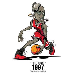 Ilustração estilizada de jogador de basquete inspirado em um famoso atleta, driblando com uma bola amarela. O design destaca a expressão intensa e o cenário remete ao "Flu Game" de 1997, um momento icônico na história do basquete.