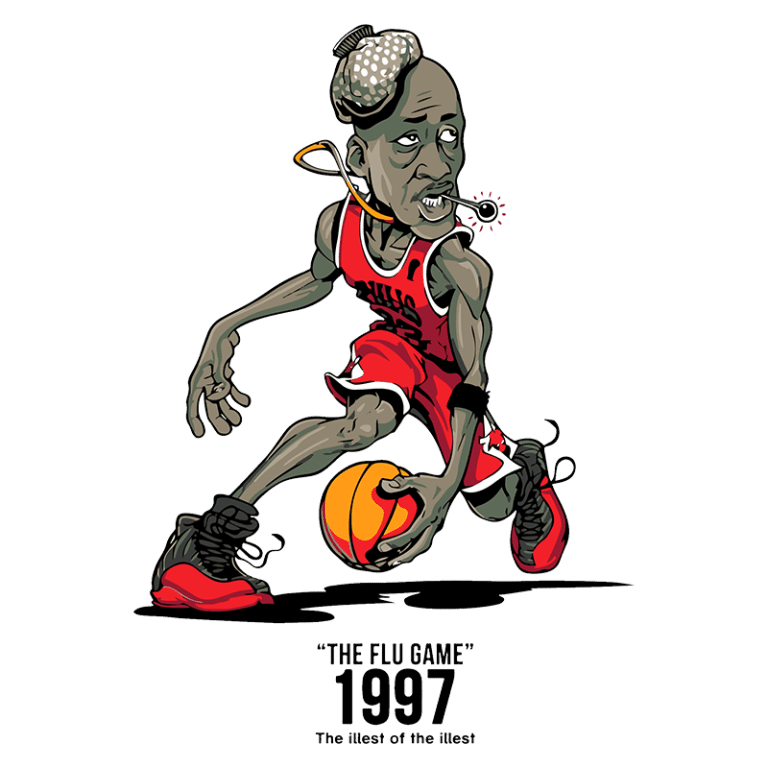 Ilustração estilizada de jogador de basquete inspirado em um famoso atleta, driblando com uma bola amarela. O design destaca a expressão intensa e o cenário remete ao "Flu Game" de 1997, um momento icônico na história do basquete.