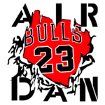 Logotipo estilizado do jogador de basquete Michael Jordan, destacando o número 23 e a equipe Chicago Bulls, com elementos gráficos que ressaltam a sua leganda no esporte.