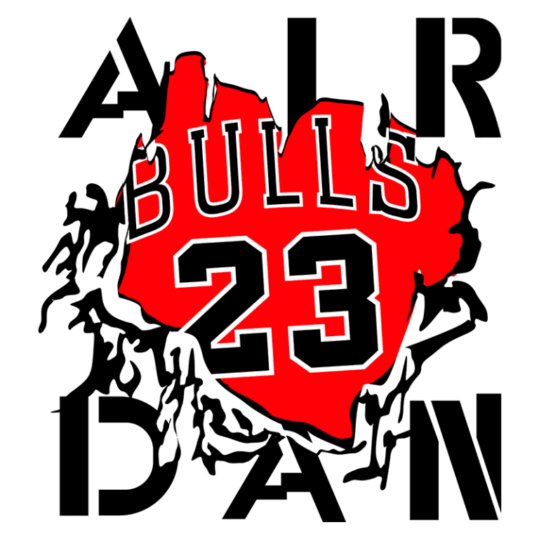 Logotipo estilizado do jogador de basquete Michael Jordan, destacando o número 23 e a equipe Chicago Bulls, com elementos gráficos que ressaltam a sua leganda no esporte.