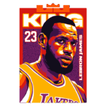 Ilustração vibrante de LeBron James, jogador de basquete, em uniforme do Los Angeles Lakers, com destaque para o número 23 e o título "KING" em um design colorido.