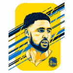 Ilustração de um jogador de basquete dos Golden State Warriors em fundo amarelo, destacando seu rosto e detalhes da camiseta. Desenho estilizado com traços azul e preto, capturando a expressão intensa do atleta.