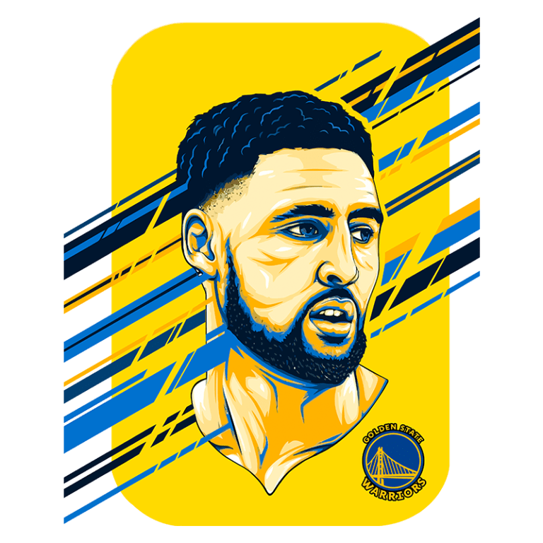 Ilustração de um jogador de basquete dos Golden State Warriors em fundo amarelo, destacando seu rosto e detalhes da camiseta. Desenho estilizado com traços azul e preto, capturando a expressão intensa do atleta.