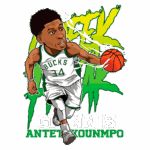 Ilustração de Giannis Antetokounmpo em ação com a bola de basquete, vestindo a camisa do Milwaukee Bucks, número 34, em um fundo vibrante com elementos gráficos dinâmicos.