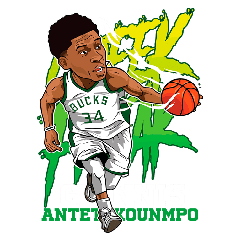 Ilustração de Giannis Antetokounmpo em ação com a bola de basquete, vestindo a camisa do Milwaukee Bucks, número 34, em um fundo vibrante com elementos gráficos dinâmicos.