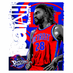 Isaiah Stewart, jogador da equipe Detroit Pistons, usando uniforme vermelho com detalhes em azul, número 28, em um fundo vibrante com o logo da equipe.