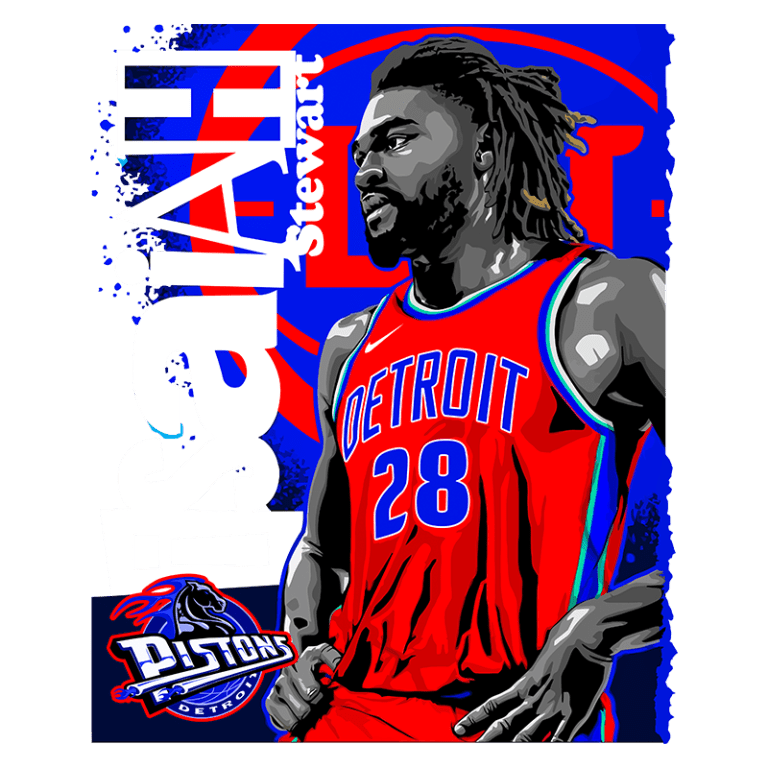 Isaiah Stewart, jogador da equipe Detroit Pistons, usando uniforme vermelho com detalhes em azul, número 28, em um fundo vibrante com o logo da equipe.