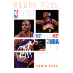 Imagem de Chris Paul, jogador da NBA, destacando sua carreira com fotos na camisa do Phoenix Suns. O texto inclui informações sobre seus prêmios e conquistas, como o título de Rookie do Ano e múltiplas seleções para o All-Star Game. O fundo apresenta elementos gráficos relacionados aos playoffs da NBA.