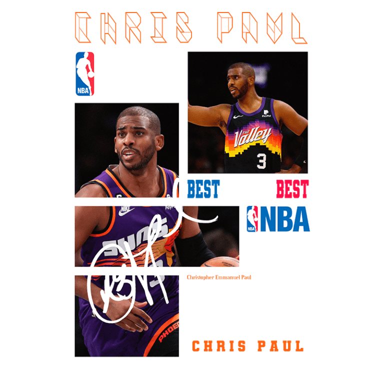 Imagem de Chris Paul, jogador da NBA, destacando sua carreira com fotos na camisa do Phoenix Suns. O texto inclui informações sobre seus prêmios e conquistas, como o título de Rookie do Ano e múltiplas seleções para o All-Star Game. O fundo apresenta elementos gráficos relacionados aos playoffs da NBA.