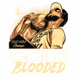 Ilustração de torcedor comemorando a vitória do Golden State Warriors como campeões da NBA em 2022, segurando um troféu e expressando entusiasmo, com texto estilizado "GOLD BLOODED" abaixo.