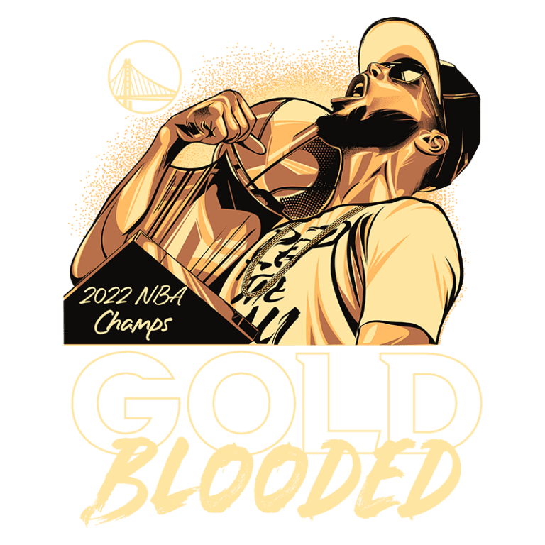 Ilustração de torcedor comemorando a vitória do Golden State Warriors como campeões da NBA em 2022, segurando um troféu e expressando entusiasmo, com texto estilizado "GOLD BLOODED" abaixo.