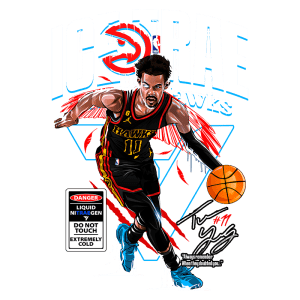 Ilustração de jogador de basquete em ação, representando Trae Young dos Atlanta Hawks. Ele veste um uniforme preto com detalhes nas cores do time, segurando uma bola de basquete. Ao fundo, o logotipo do time e um aviso sobre nitrogênio líquido. A imagem destaca o dinamismo e a habilidade do jogador.