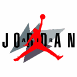 Logotipo da marca Air Jordan com o ícone de um jogador de basquete em movimento, na cor vermelha, contra um fundo minimalista em tons de cinza.