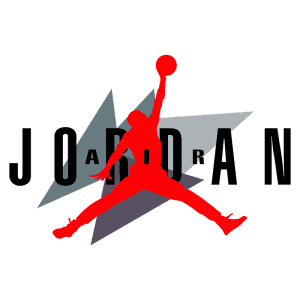 Logotipo da marca Air Jordan com o ícone de um jogador de basquete em movimento, na cor vermelha, contra um fundo minimalista em tons de cinza.