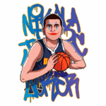 Ilustração de jogador de basquete segurando uma bola, com fundo gráfico colorido e estilo urbano, representando a cultura do basquete. A figura transmite energia e dinamismo, ideal para fãs do esporte.