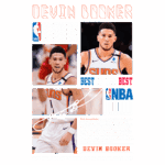 Imagem de Devin Booker, jogador da NBA, destacando sua carreira nos playoffs. Inclui fotos de ação e detalhes sobre suas conquistas, como ser um dos principais pontos do Phoenix Suns, além de sua assinatura. O design enfatiza seu status de estrela e suas habilidades excepcionais no basquete.
