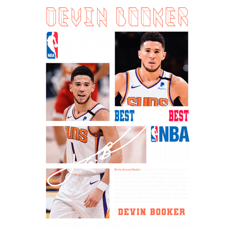 Imagem de Devin Booker, jogador da NBA, destacando sua carreira nos playoffs. Inclui fotos de ação e detalhes sobre suas conquistas, como ser um dos principais pontos do Phoenix Suns, além de sua assinatura. O design enfatiza seu status de estrela e suas habilidades excepcionais no basquete.
