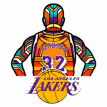 Ilustração vibrante de um jogador de basquete de costas com a camisa "Johnson" e o número 32, representando os Los Angeles Lakers, acompanhada do logotipo da equipe e uma bola de basquete.