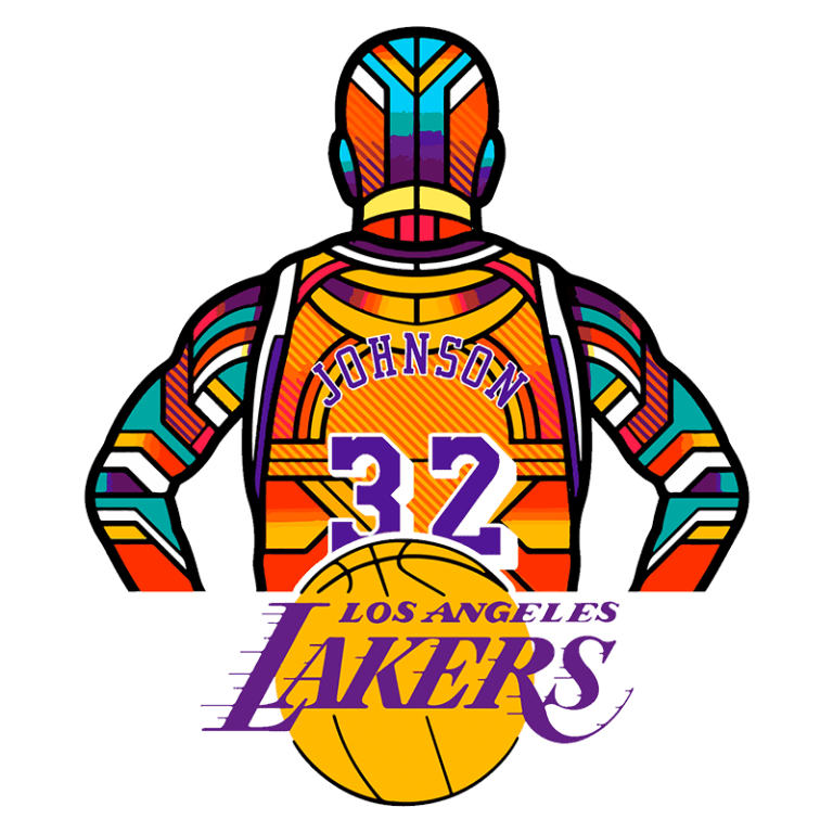 Ilustração vibrante de um jogador de basquete de costas com a camisa "Johnson" e o número 32, representando os Los Angeles Lakers, acompanhada do logotipo da equipe e uma bola de basquete.