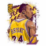 Ilustração artística de Kobe Bryant usando a camisa da equipe Los Angeles Lakers, com o número 24. O fundo apresenta elementos gráficos em amarelo e roxo, representando a identidade do time, enquanto o nome "Bryant" é destacado em sua camisa.