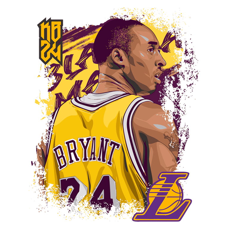 Ilustração artística de Kobe Bryant usando a camisa da equipe Los Angeles Lakers, com o número 24. O fundo apresenta elementos gráficos em amarelo e roxo, representando a identidade do time, enquanto o nome "Bryant" é destacado em sua camisa.