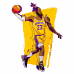 Jogador de basquete em ação, vestindo uniforme amarelo do Los Angeles Lakers, com o número 23. Ele está realizando um arremesso, com a bola na mão direita e uma expressão concentrada. O fundo apresenta uma cor amarela vibrante, destacando a imagem.