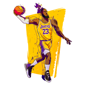 Jogador de basquete em ação, vestindo uniforme amarelo do Los Angeles Lakers, com o número 23. Ele está realizando um arremesso, com a bola na mão direita e uma expressão concentrada. O fundo apresenta uma cor amarela vibrante, destacando a imagem.