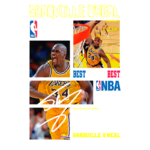 Imagem do jogador de basquete Shaquille O'Neal, vestindo o uniforme do Los Angeles Lakers, com expressão de emoção durante uma partida da NBA. O design inclui logotipos da NBA e elementos coloridos que destacam suas jogadas icônicas.