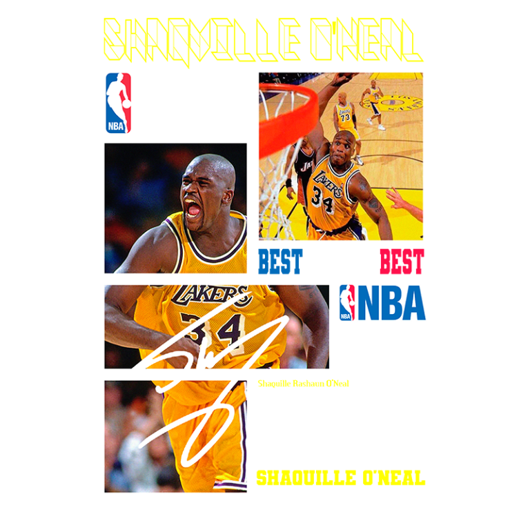 Imagem do jogador de basquete Shaquille O'Neal, vestindo o uniforme do Los Angeles Lakers, com expressão de emoção durante uma partida da NBA. O design inclui logotipos da NBA e elementos coloridos que destacam suas jogadas icônicas.