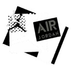 Imagem com design gráfico do logotipo Air Jordan e uma figura icônica em movimento. Elementos visuais em preto e branco com toques de estilo gráfico, representando a cultura do basquete e a marca Air Jordan.