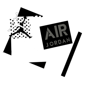 Imagem com design gráfico do logotipo Air Jordan e uma figura icônica em movimento. Elementos visuais em preto e branco com toques de estilo gráfico, representando a cultura do basquete e a marca Air Jordan.