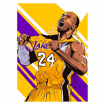 Ilustração colorida de um jogador de basquete comemorando, vestido com a camisa amarela dos Los Angeles Lakers, número 24, com fundo dinâmico em amarelo e roxo.