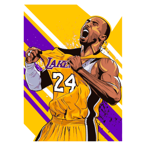Ilustração colorida de um jogador de basquete comemorando, vestido com a camisa amarela dos Los Angeles Lakers, número 24, com fundo dinâmico em amarelo e roxo.