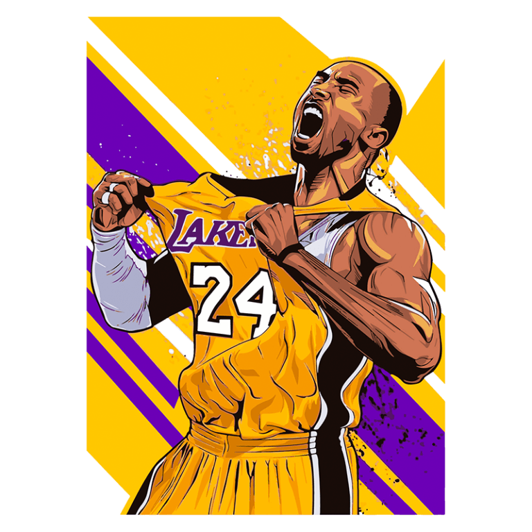 Ilustração colorida de um jogador de basquete comemorando, vestido com a camisa amarela dos Los Angeles Lakers, número 24, com fundo dinâmico em amarelo e roxo.