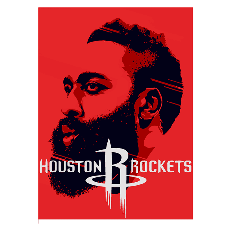 Imagem estilizada do jogador de basquete James Harden com o logotipo dos Houston Rockets em destaque. Fundo vermelho vibrante e traços artísticos.