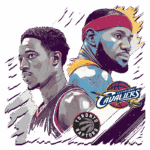 Ilustração de DeMar DeRozan e LeBron James, destacados em um fundo dinâmico, representando suas equipes: Toronto Raptors e Cleveland Cavaliers, respectivamente.