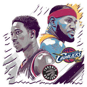 Ilustração de DeMar DeRozan e LeBron James, destacados em um fundo dinâmico, representando suas equipes: Toronto Raptors e Cleveland Cavaliers, respectivamente.