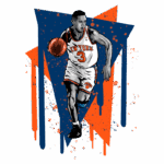 Ilustração de jogador de basquete em movimento, vestindo uniforme do New York Knicks, número 3, com fundo gráfico em azul e laranja. Estilo moderno e vibrante, destacando o dinamismo do esporte.