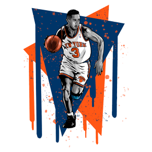 Ilustração de jogador de basquete em movimento, vestindo uniforme do New York Knicks, número 3, com fundo gráfico em azul e laranja. Estilo moderno e vibrante, destacando o dinamismo do esporte.