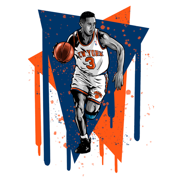 Ilustração de jogador de basquete em movimento, vestindo uniforme do New York Knicks, número 3, com fundo gráfico em azul e laranja. Estilo moderno e vibrante, destacando o dinamismo do esporte.