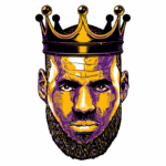 Retrato estilizado de um jogador de basquete com coroa, representando LeBron James. A arte destaca o rosto do atleta com detalhes em roxo e amarelo, simbolizando sua grandeza no esporte.