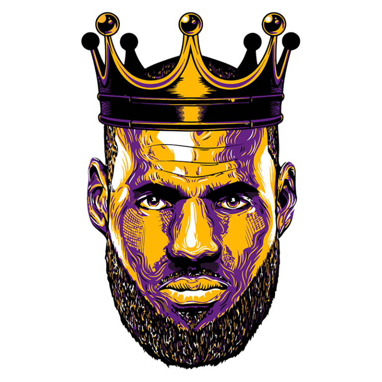 Retrato estilizado de um jogador de basquete com coroa, representando LeBron James. A arte destaca o rosto do atleta com detalhes em roxo e amarelo, simbolizando sua grandeza no esporte.