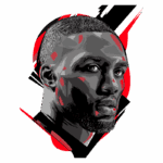 Ilustração de um jogador de basquete com um olhar intenso, apresentando traços faciais destacados em um estilo gráfico moderno, com fundo em tons de vermelho e preto. Ideal para representar talento e força no esporte.