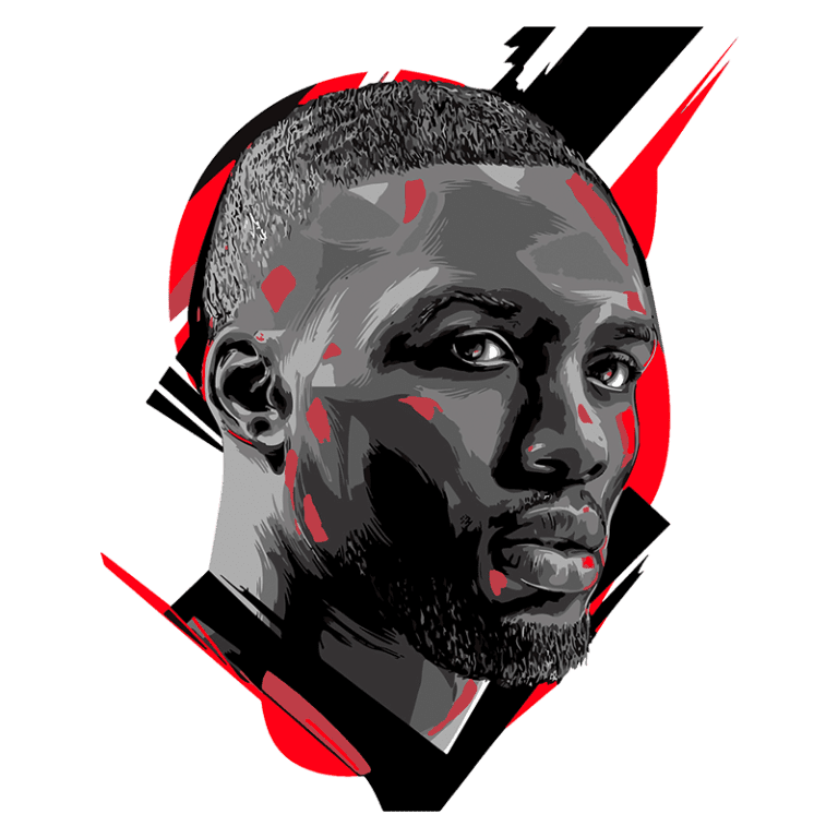 Ilustração de um jogador de basquete com um olhar intenso, apresentando traços faciais destacados em um estilo gráfico moderno, com fundo em tons de vermelho e preto. Ideal para representar talento e força no esporte.