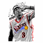 Imagem estilizada de Allen Iverson, jogador de basquete, usando a camisa do Philadelphia 76ers. Ele faz um gesto com a mão na cabeça, simbolizando sua personalidade enérgica e icônica no esporte. A arte destaca o número 3 e a frase "The Answer".