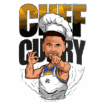 Ilustração de um chef caricaturado usando um chapéu de cozinheiro e uniforme do Golden State Warriors, com a palavra "CHEF CURRY" destacada ao fundo, simbolizando a fusão entre culinária e basquete.