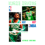 Imagem de um jogador da NBA vestido com uniforme verde do Boston Celtics, apresentando fotos em destaque e assinatura. O logotipo da NBA está visível, assim como elementos gráficos coloridos que destacam o jogador e a equipe.